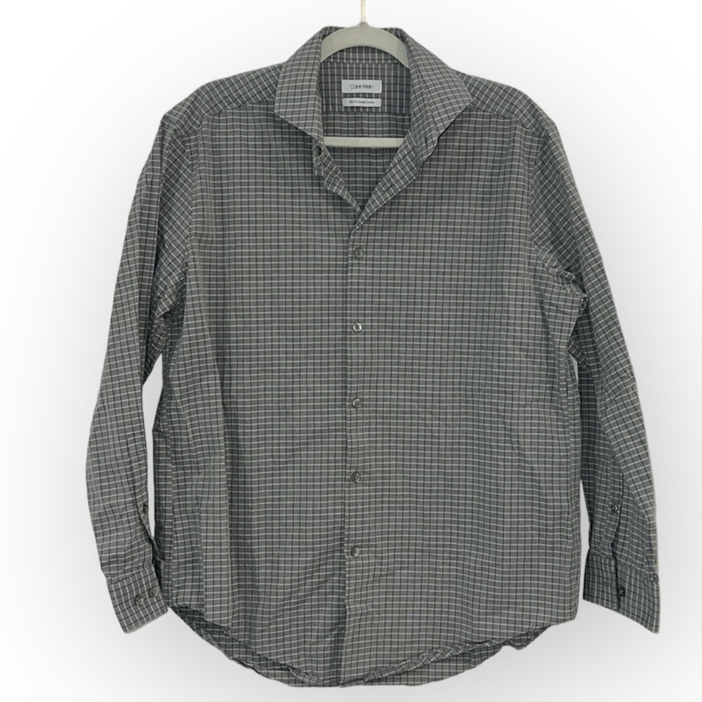Calvin Klein Grey Stripe Cotton Button Down Dress Shirt size Large